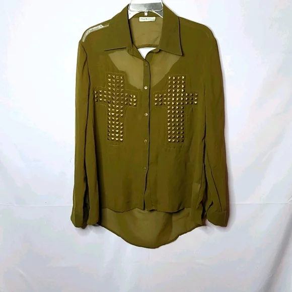 Glam Dollz embellished cross button down shirt Lg - Picture 1 of 7